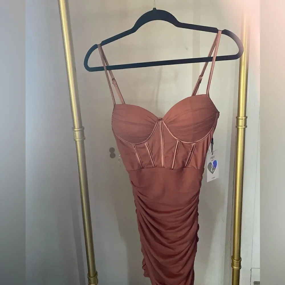 IRIS mini dress light brown  with spaghetti straps top corset type ruched New - Picture 3 of 10